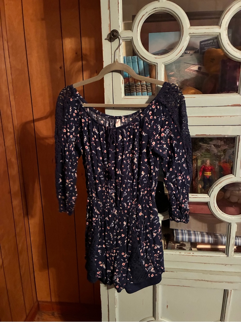 Xhilaration Navy Floral Off-Shoulder Romper with Pink Accents Size XS B10